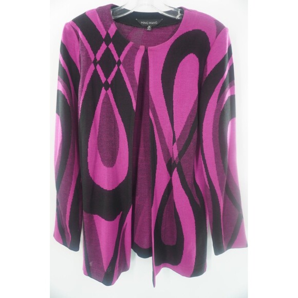 Ming Wang Fuchsia Black Wave Abstract Geometric Heavy Knit Cardigan Sweater Sz M - Picture 2 of 12